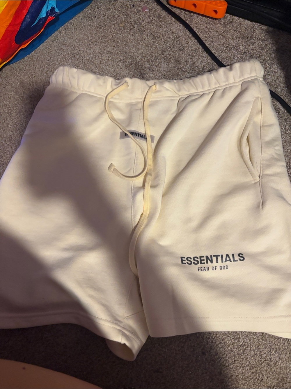 Essentials Cream Drawstring Logo Sweatshorts